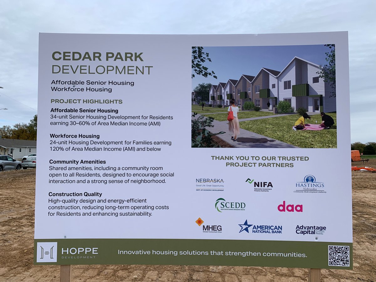 DevelopNebraska's tweet image. We enjoyed celebrating the start of the Cedar Park development in Hastings! DED is pleased to support the project through multiple housing programs. Congratulations to Hastings Community Redevelopment Authority, Hoppe Development, and partners for breaking ground!