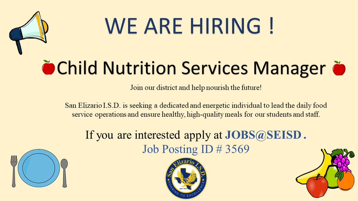 We are hiring ! San Elizario ISD is hiring for CNS Manager.
Please apply at JOBS@SEISD.NET. 
#SanEliManoAMano <a href="/SanElizarioISD/">San Elizario ISD</a>
