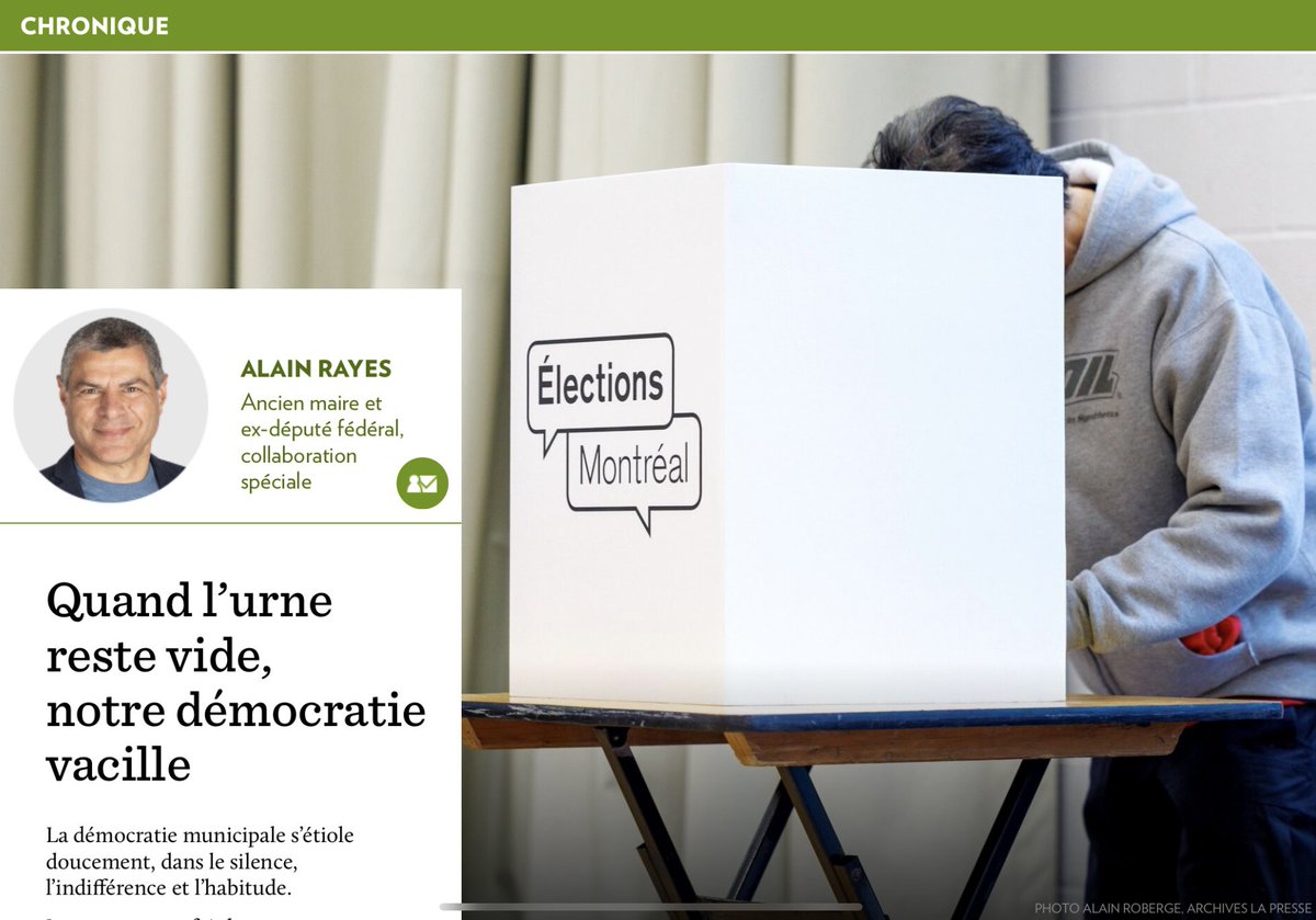58 % d’élus sans opposition.
Moins de 4 électeurs sur 10 qui votent.
Notre démocratie municipale s’endort doucement… Ma chronique dans <a href="/LP_LaPresse/">La Presse</a> 👉 linktr.ee/alain.rayes