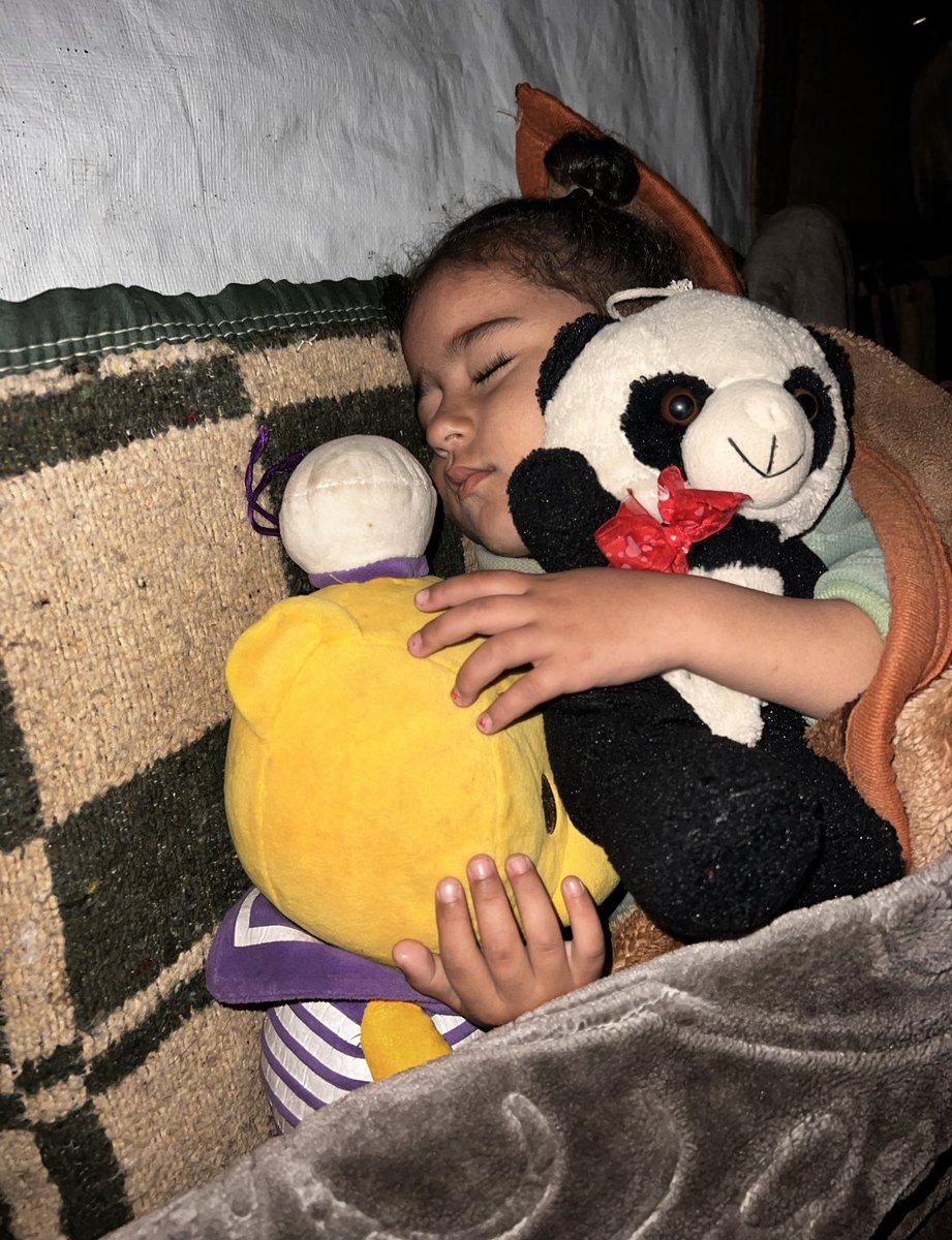 Halima, 4 yours old.

She is missing the hug of her mother, who was killed by the Israel, sleeps while hugging her toy..