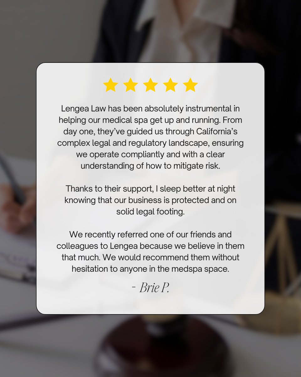 We’re proud to help clients like Brie build strong, compliant med spas from the ground up. 

Launching or growing your practice? Our team is here to guide you every step of the way.

📧 info@lengealaw.com
#MedSpaLaw #HealthcareCompliance #LengeaLaw