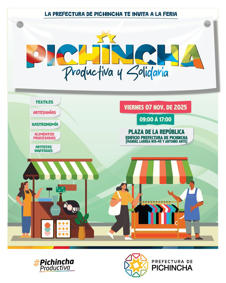 🎉 ¡La Feria Productiva y Solidaria te espera en la Plaza de La República! 🎉

Este 🗓️viernes 07 de noviembre, vive una experiencia única de ⏰09h00 a 17h00. 

✨ ¿Qué te espera?

🎤 Artistas invitados
🛍️ Feria de productos locales
😋 Gastronomía tradicional
🧶 Talleres de