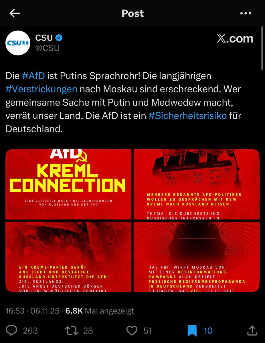 CDU/CSU: Verzweiflungstaten statt echter Politik – und diese albernen Bilder!

Die CDU/CSU wirft der AfD Russland-Nähe vor und nennt sie "Putins Sprachrohr" – während sie selbst unter Merkel mit Nord Stream 2 Milliarden nach Russland gepumpt und uns abhängig gemacht haben! Jetzt,