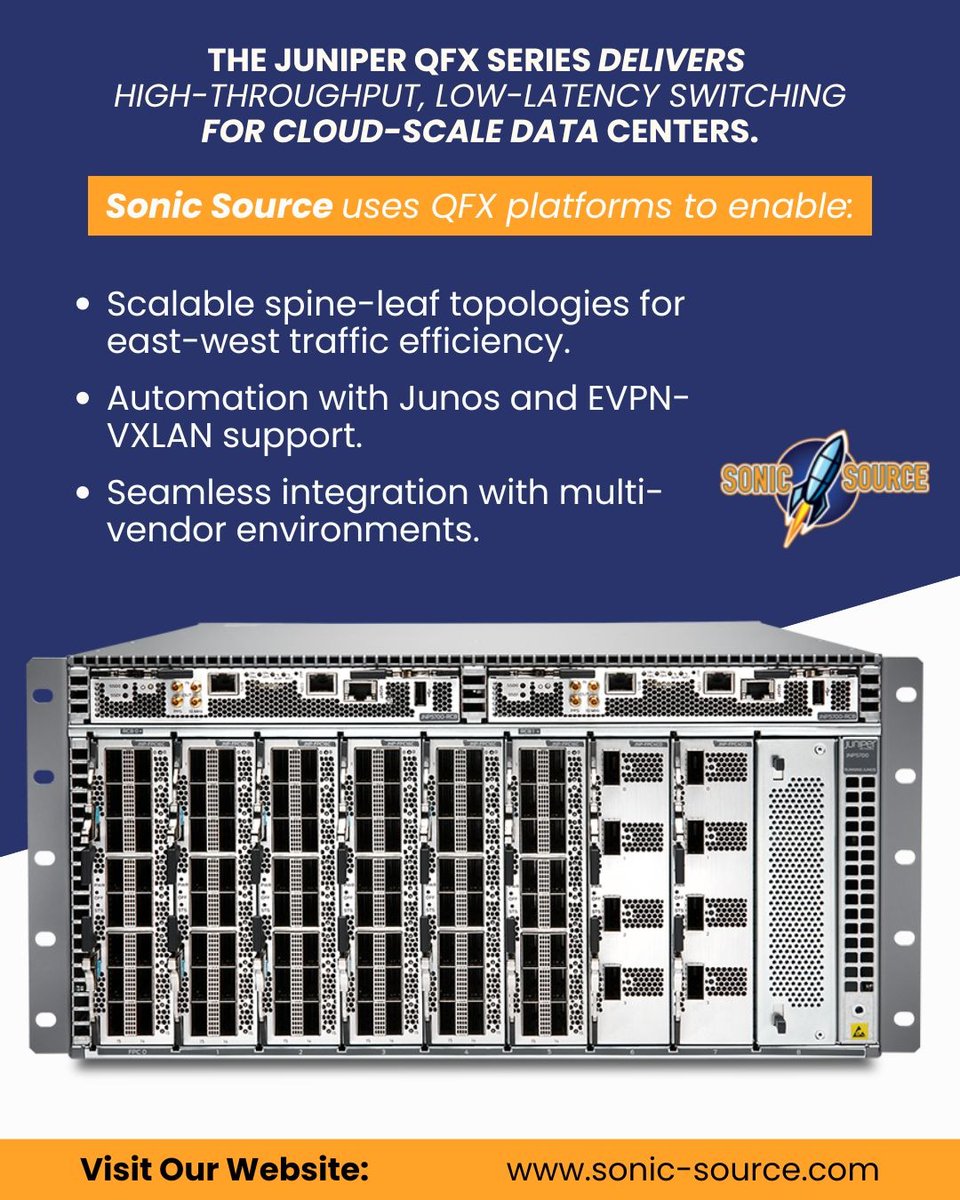 SourceSoni25436's tweet image. Data-center performance starts with the right spine-leaf fabric.
Sonic Source builds it with Juniper QFX, engineered for speed, automation, and cloud agility.
---
Visit Our website: sonic-source.com
.
.
.
.
#SonicSource #JuniperQFX #DataCenterSwitching