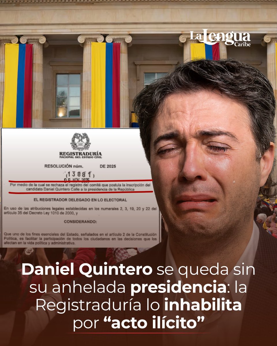 lalenguacaribe1's tweet image. Daniel Quintero, exalcalde de Medellín y figura polémica dentro del Pacto Histórico, recibió este jueves un golpe fulminante a sus aspiraciones presidenciales. La Registraduría Nacional del Estado..
zurl.co/XxYoo
#danielquintero #presidencia2026 #lalenguacaribepolitica