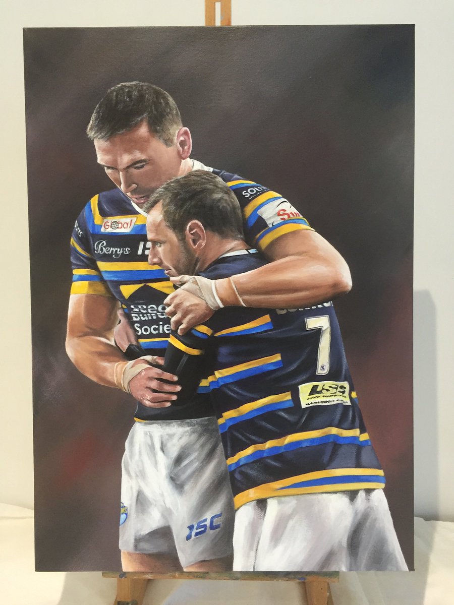 armleyartist's tweet image. ‘Kev &amp;amp; Rob embrace’ - probably my most popular painting of the many I’ve done for MND charities. It sold for an amazing £10k at auction! 
#MND #robburrow #kevinsinfield #leeds #RugbyLeague #rugby #artist #painter