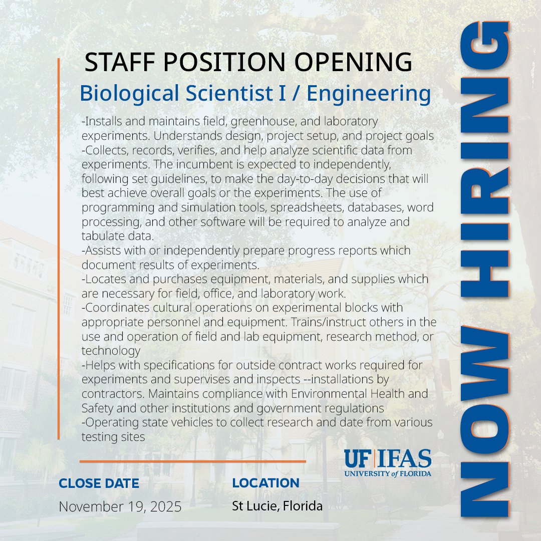 UF_ABE's tweet photo. Join our team! The Indian River Research and Education Center is hiring an Engineer I. Find the full job posting here: https://t.co/QSFRp0ehoN https://t.co/Iw3UuZTP5O