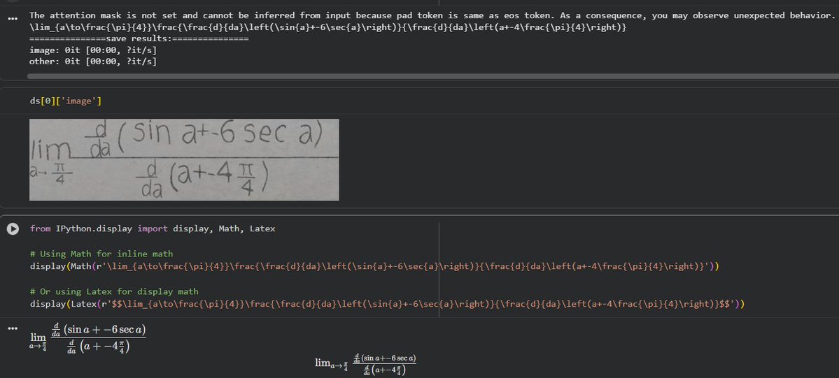 NeuralLatent's tweet image. I published this new model which properly generate the hand-written Math Calculus Formulas

Check here: huggingface.co/karankulshrest…

#ai #visionmodel #ocr #maths #calculus