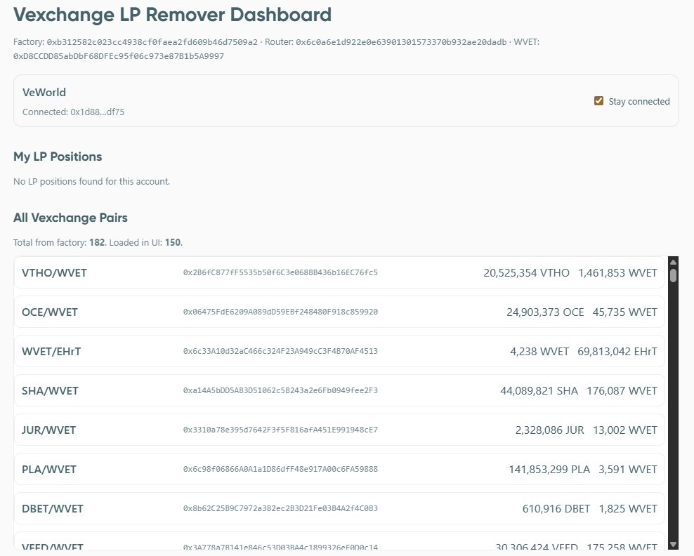 Murtagh300's tweet image. I was today years old when i learned Vexchange.io is offline..

Thats when i decided.. 

We need to keep providing people a way to Pull out their Liquidity.

That is why i present to you The VexChange LP Remover!

Get your Locked tokens out of VexChange their Pools on…