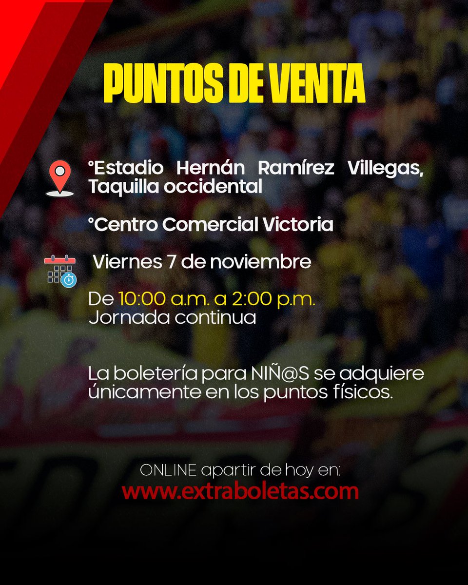 🔴🟡 Aquí tienes toda la información de la boletería 🆚 <a href="/DIM_Oficial/">DIM</a> 

🎟️ A partir de hoy puedes adquirir tu boleta para el partido de la fecha 19 de la Liga por extraboletas.com 

👦🏽 La boletería para NIÑ@S se adquiere únicamente en los puntos físicos.

Nos vemos en casa