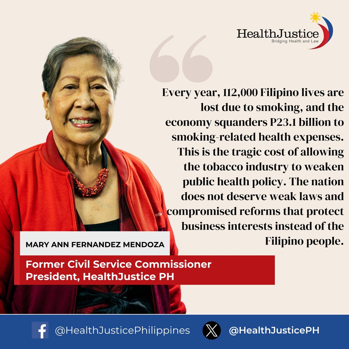 During the recent 2025 Tobacco Industry Interference Index launch (TII) Press Conference, HealthJustice President Mary Ann Fernandez Mendoza emphasized the urgency of protecting policymaking from tobacco influence.