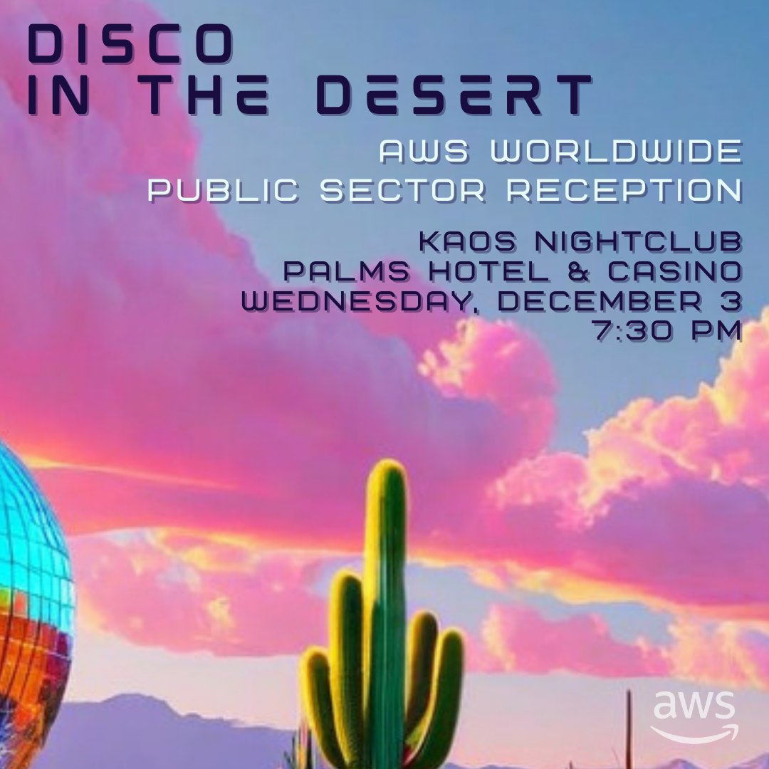 AWS_Nonprofits's tweet image. 🪩 🌵 What&apos;s that? It&apos;s time to party? 
 
Join AWS Worldwide Public Sector for the annual re:Invent reception at Kaos Nightclub (Palms Hotel &amp;amp; Casino) on Wednesday, December 3, 2025. 

Register today! go.aws/47tqFhR

*Registration required &amp;amp; you must have a re:Invent…
