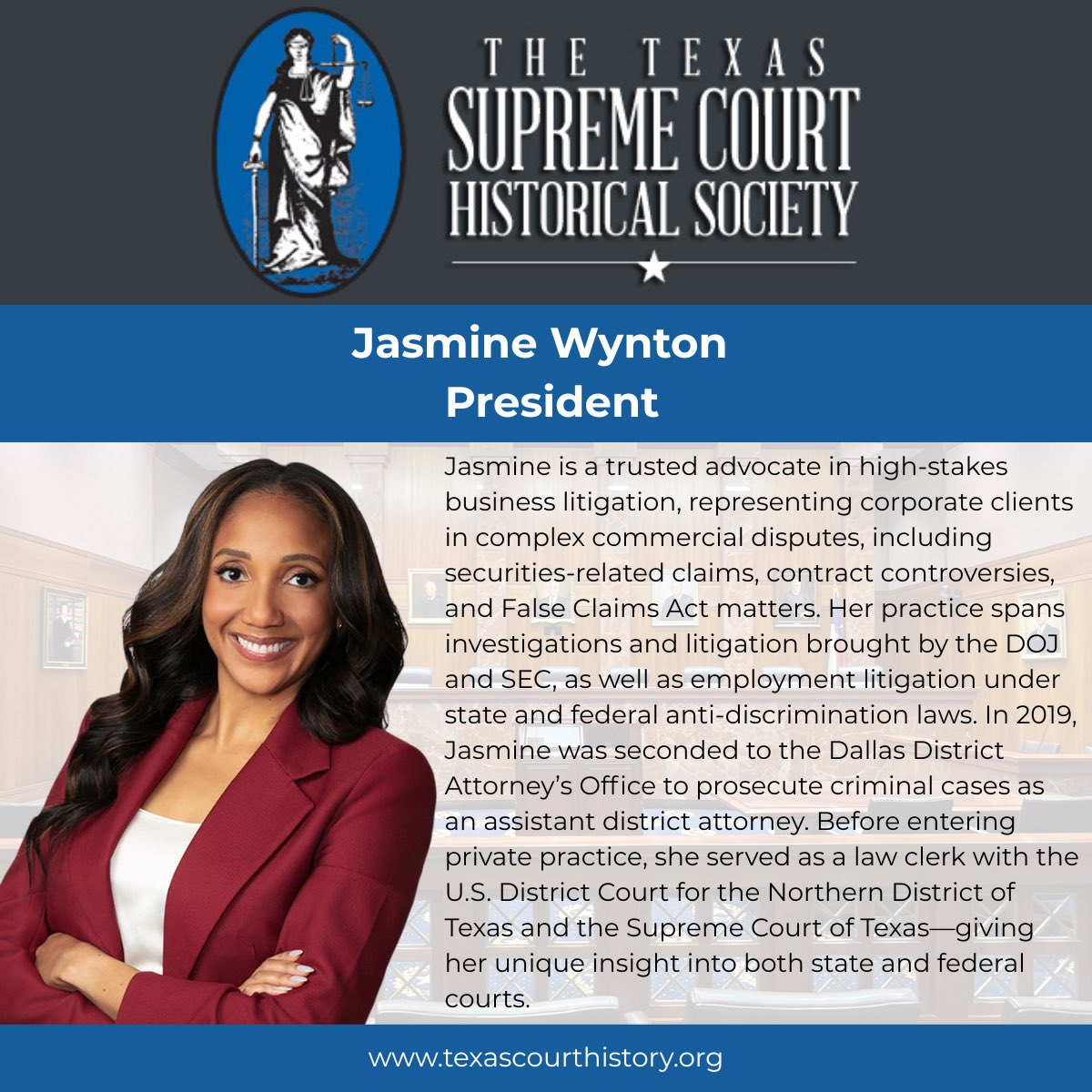 We are excited to spotlight Jasmine Wynton. Jasmine is the President of the Texas Supreme Court Historical Society and a partner at <a href="/ThompsonCoburn/">Thompson Coburn LLP</a> .

#TXlaw #TXlawyer #TXlawyers #TSCHS #SCOTX