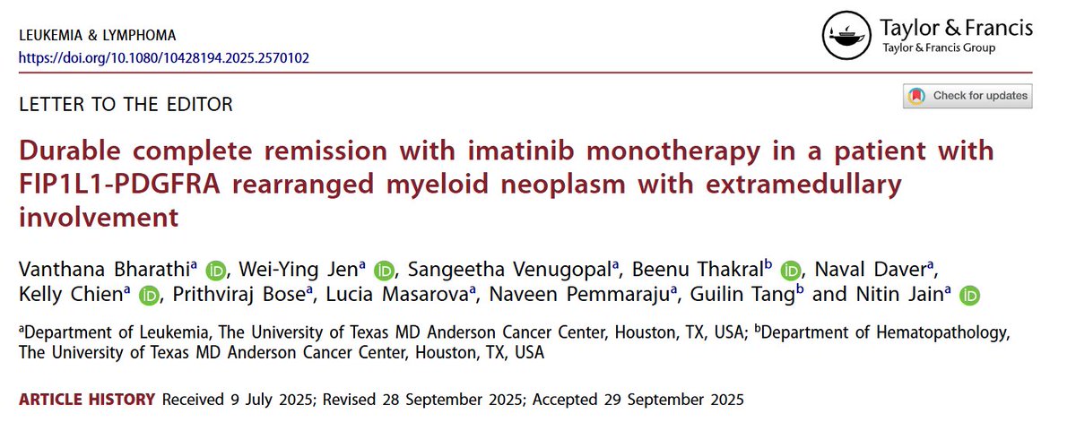 👉👉 Case report of a patient with FIP1L1-PDGFRA fusion with significant extra medullary involvement with cord compression
👉10+ year remission with single agent imatinib without any chemotherapy indicating exquisite sensitivity of this fusion to imatinib 
tandfonline.com/eprint/2IGUUBX…
