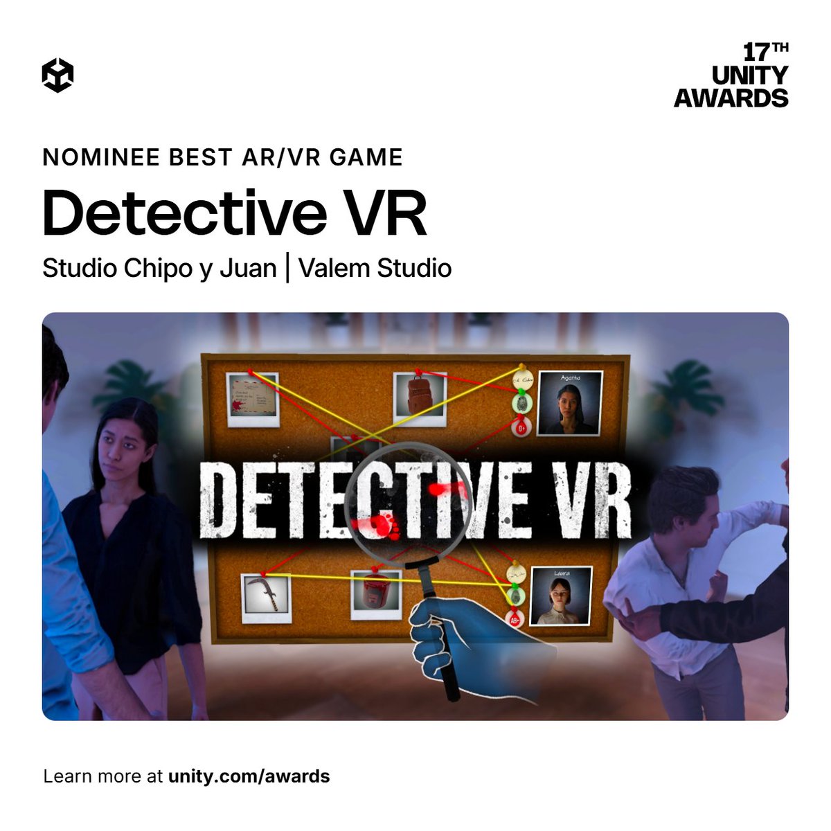 Our mixed reality game Detective VR has been nominated for a Unity Awards!!! 🥳

Pretty cool to see this project being recognized.
Making a game truly is a gift that keeps on giving. 😊