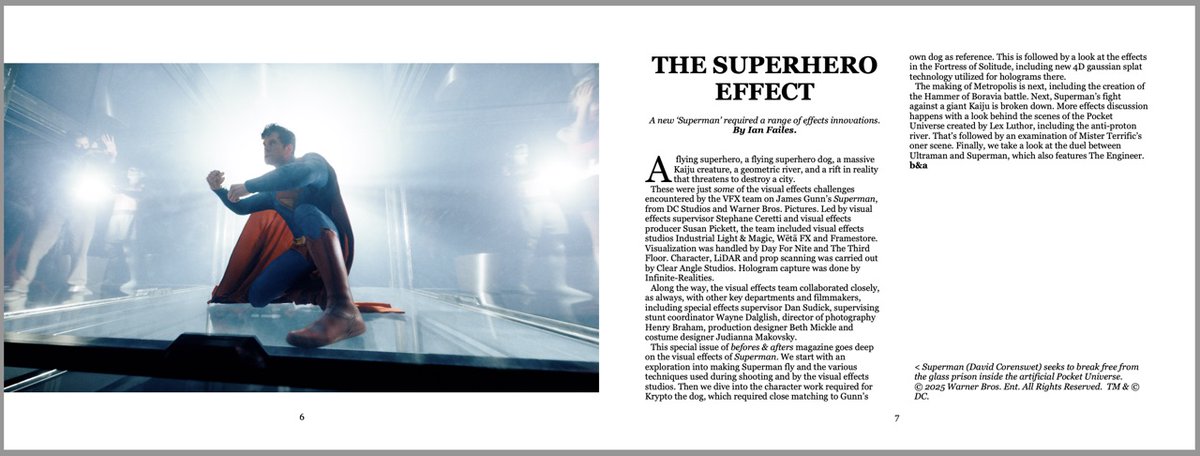beforesmag's tweet image. The @JamesGunn #Superman issue of @beforesmag is here! With VFX supe @stefceretti and vendors @ILMVFX, @Framestore &amp;amp; @WetaFXofficial!

In-depth + amazing behind the scenes VFX pics.

PRINT: amazon.com/dp/B0FZSL6VR7 (US Amazon, try your local too)

DIGITAL: patreon.com/posts/issue-41…