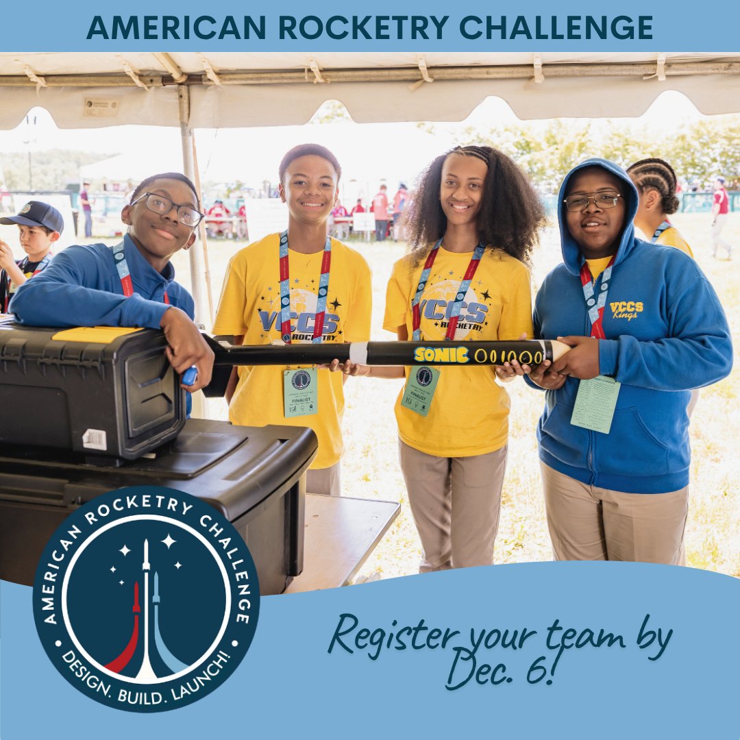 LaunchWithARC's tweet image. 🚀 Just 1 month left to register for the American Rocketry Challenge 2026! Deadline: Dec 6 🗓️
Form your team of middle or high school students and start your application early to get those electronic guardian permissions in time!

Ready to launch? Register now: 2026 American…