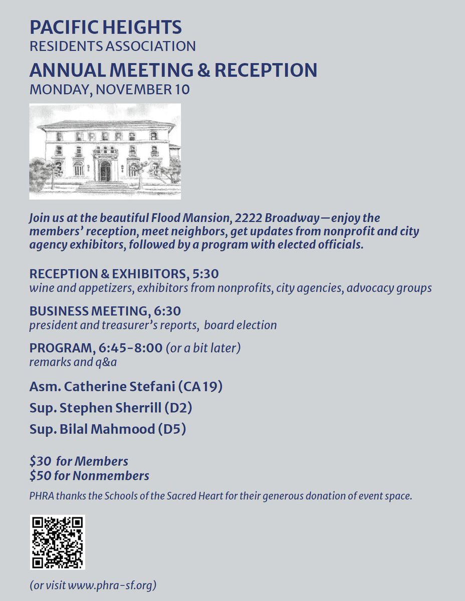 Join your neighbors at the Pacific Heights Residents Association Annual Meeting, where DBI Plan Review Manager Jimmy C. and Building Inspector Jeff B. will take part in a discussion with City and State officials about SF projects and priorities.

Register: phra-sf.org/2025-annual-me…
