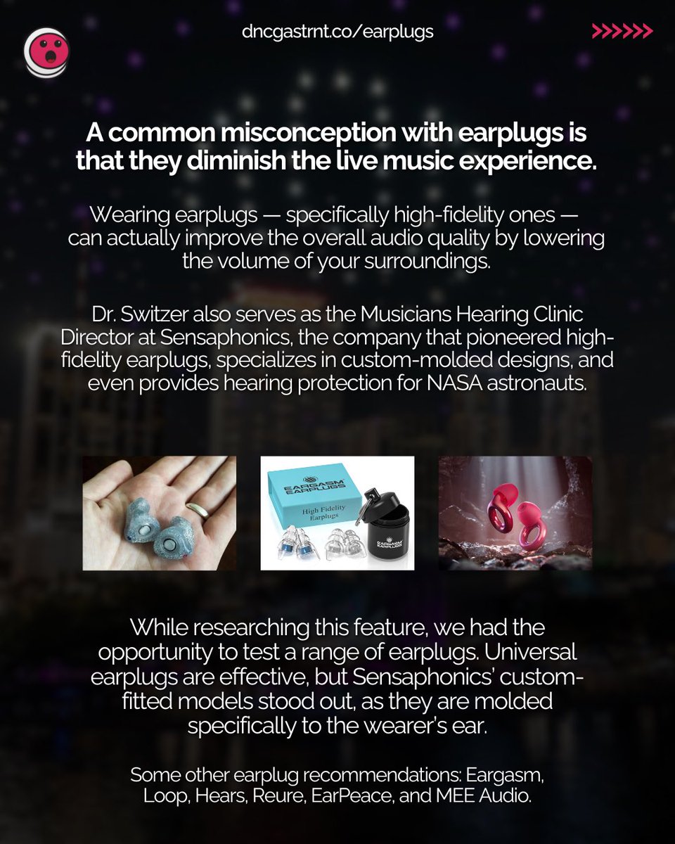 Taking a moment to bring attention to a cause that truly matters to DA: wearing earplugs at shows.

Full feature here: dncgastrnt.co/earplugs
__

Ten years ago, the World Health Organization declared a sound injury epidemic, warning that 50% of people ages 12–35 were at risk of