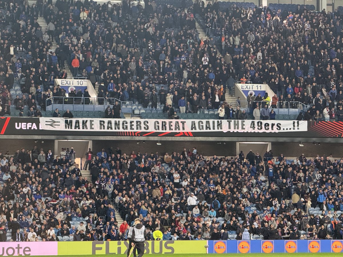 RFC_Michael_'s tweet photo. 🚫 Banners around Ibrox Stadium at half time in protest against CEO Patrick Stewart and Sporting Director Kevin Thelwell. https://t.co/cbrmuhK50Y