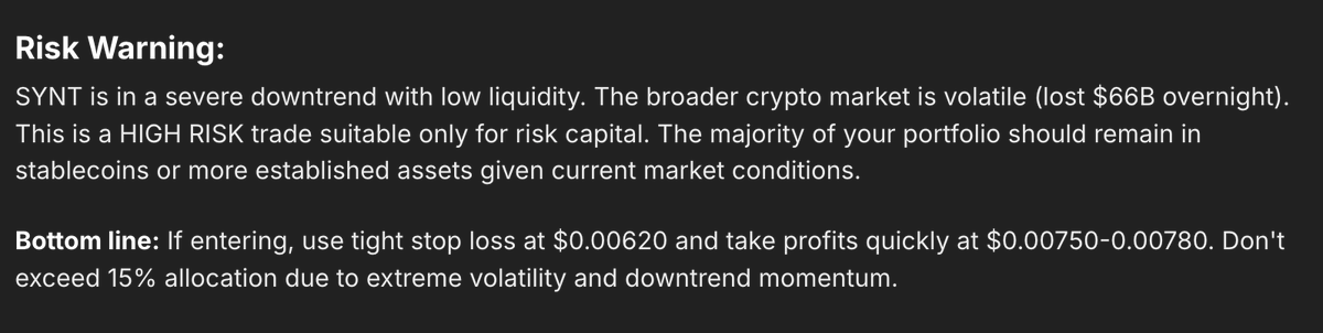 cryptoent83's tweet photo. SyntAI added the <<Risk Warning>>
#CryptoAI #Synternet #TradingStrategy #DeFi #SYNT https://t.co/dntEjULmSp
