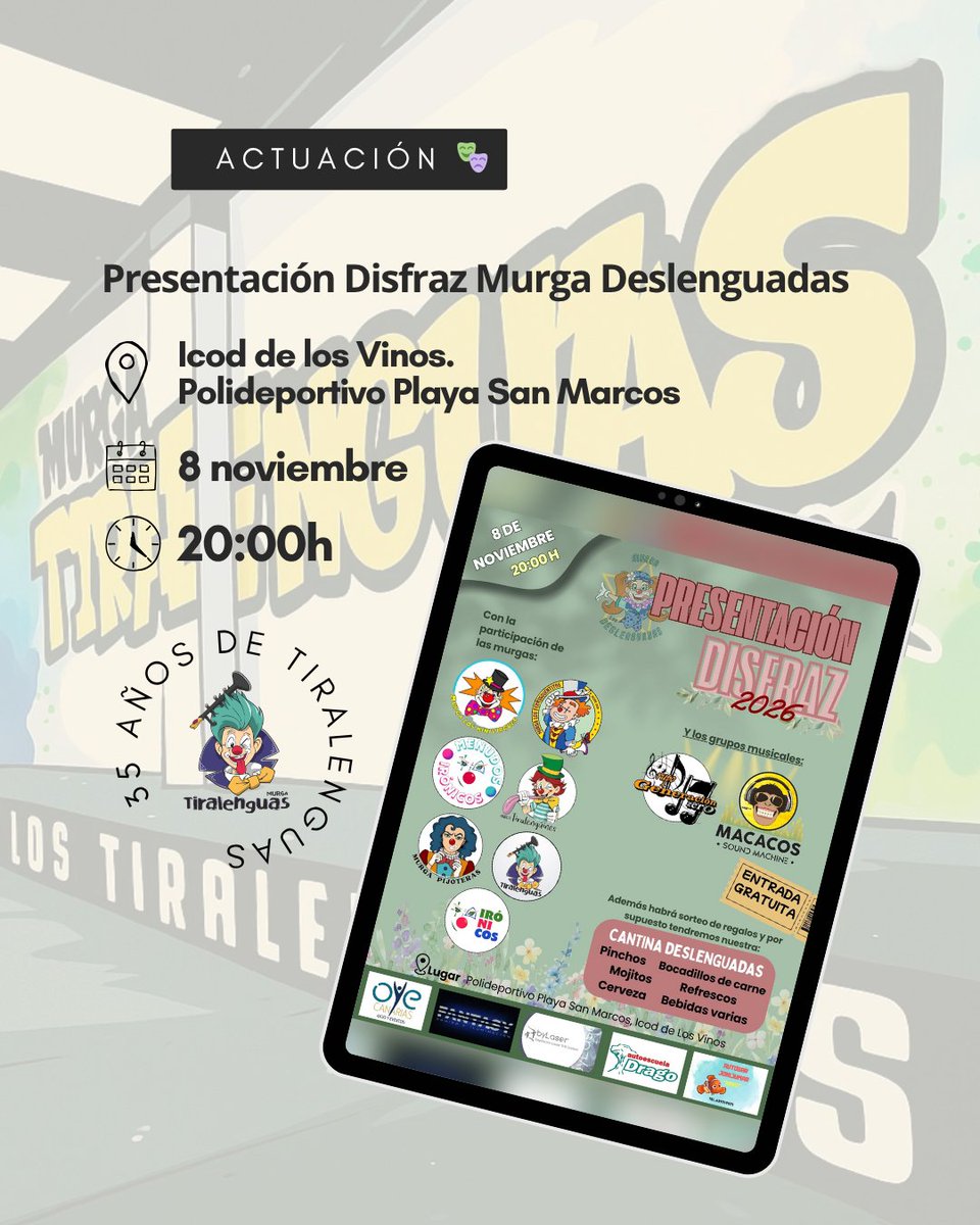 Comenzamos las actuaciones 🎺
Este sábado arrancamos actuaciones, lo haremos en la presentación de fantasía de las compañeras de Murga Deslenguadas 🫂
📍 Polideportivo Playa San Marcos (Icod de los Vinos)
🗓️ Sábado 8 de noviembre 
🕗 20:00h 
#YoAceptoElReto #JuntosComoNo 
#TRLNGS