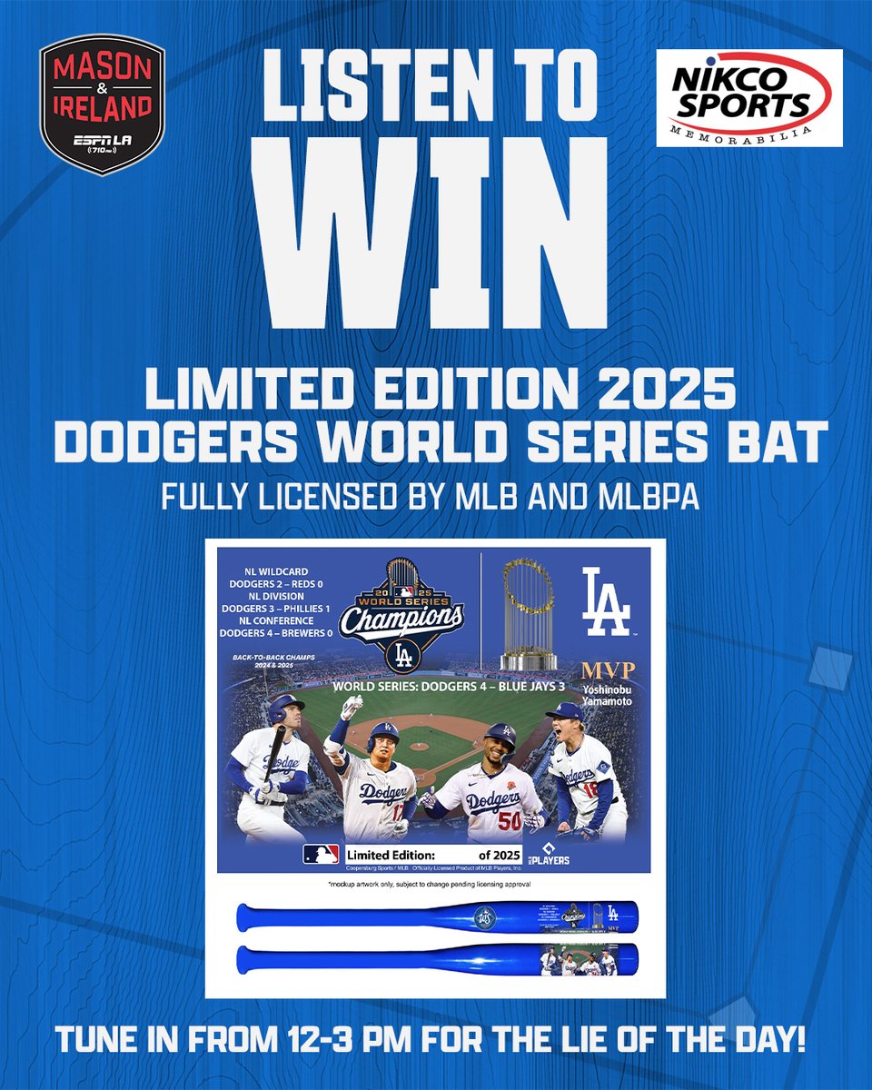 The PERFECT gift for any #Dodgers fan!

Listen closely to Mason &amp; Ireland this week for your chance to WIN these <a href="/NikcoSports/">Nikco Sports</a> limited edition World Series bats ▶️ bit.ly/3JHSzgG