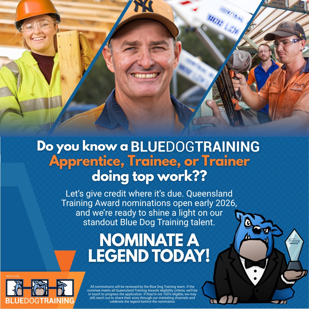BlueDogTraining's tweet image. Celebrating excellence in Queensland trades! Know a Blue Dog Training apprentice, trainer, or partner employer who goes above and beyond? Nominate them for the award! #QueenslandTrades #QTA2026 #bluedogtraining 
ap1.hubs.ly/y0n6sC0