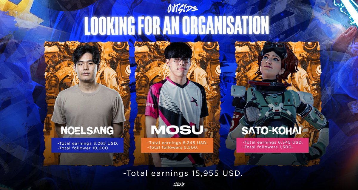 Looking For Organization 🥶
&gt;&gt; Qualified for ALGS Championship &lt;&lt;
Team Outside is looking for an organization to represent at the ALGS Championship held in Sapporo.
IGL - <a href="/satokohai/">Satokohai</a> 
Fragger - <a href="/NoelsangWaku/">Noelsang</a> 
Support - <a href="/mosudesu_/">mosudesu!</a>
For inquiries and contact, please reach out to me