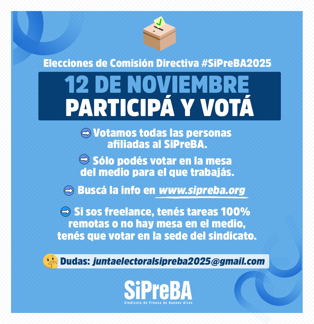 🗳 AGENDÁ, CONSULTÁ, ORGANIZATE: ESTE MIÉRCOLES 12/11 HAY ELECCIONES #SIPREBA2025

🙋‍♀️Si sos parte del SiPreBA, buscá la info, participá y votá.

📇Todos los detalles los encontrás en tu mail o acá ➡️sipreba.org/institucional/…

🤔 Dudas 📥 juntaelectoralsipreba2025@gmail.com