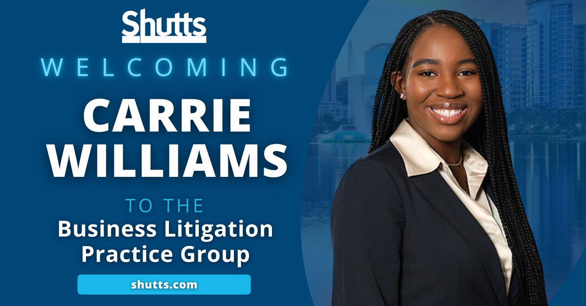 #Shutts is pleased to announce the addition of attorney Carrie Williams to the #BusinessLitigation Practice Group in the #Orlando office. #Welcome #NewHire

shutts.com/professionals-…