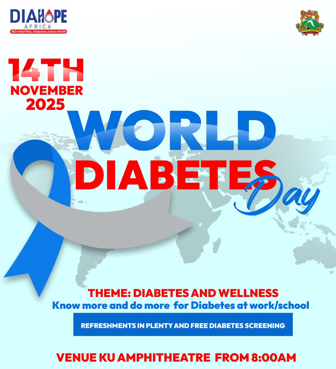 emmawafula999's tweet photo. @emmawafula999
Join us on November 14th, 2025, at the Kenyatta University Amphitheatre for World Diabetes Day and the Mega Diabetes Walk We're celebrating people living with diabetes and taking action to create awareness on the impact of diabetes. @DIAHOPEAFRICA #Diahope https://t.co/ZwAPNKLZdh