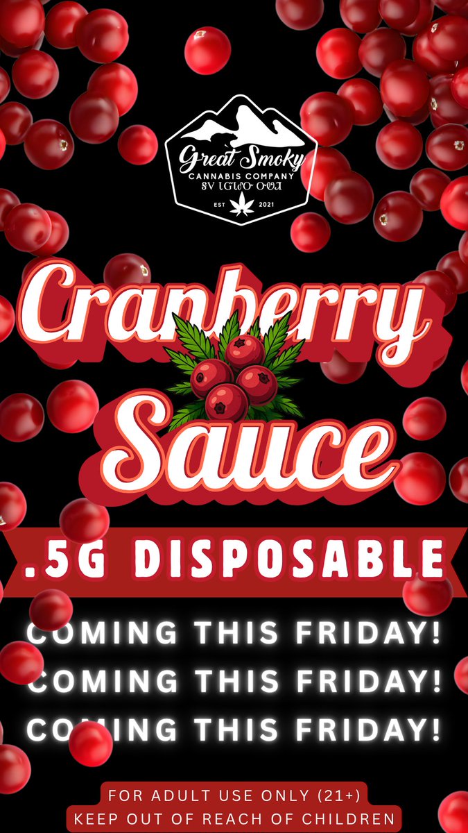 greatsmokycanna's tweet image. Tomorrow’s forecast: 🔥 &amp;amp; 🍒
Firecracker Pre-Rolls + Cranberry Sauce Disposables land this Friday (11/7) at Great Smoky CC! #StayLifted #GreatSmoky