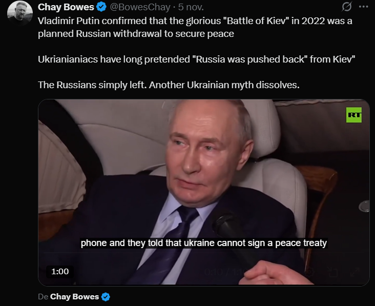 La principale fake news de la guerre en Ukraine est ce mythe du « geste de bonne volonté » russe en se retirant de Kyiv en 2022.

Clairement, c'est un mensonge, d'autant plus qu'ils est souvent associé aux « accords d'Istanbul », refusés par Moscou (pour la version ukrainienne,