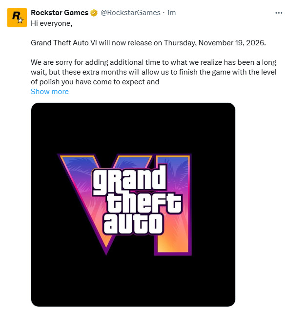 ComMilit's tweet image. Grand Theft Auto VI will now release on Thursday, November 19, 2026.