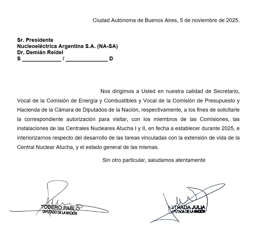Juli_Strada's tweet photo. Desde las Comisiones de Energía y de Presupuesto solicitamos visitar Atucha I y II durante 2025 para interiorizarnos en la extensión de vida de Atucha I y conocer el estado general de nuestras centrales nucleares. 
Le elevamos el pedido a Demian Reidel junto con los diputados @PabloTodero y @aguspropatoarg. 
No hay respuesta y nos niegan el acceso.