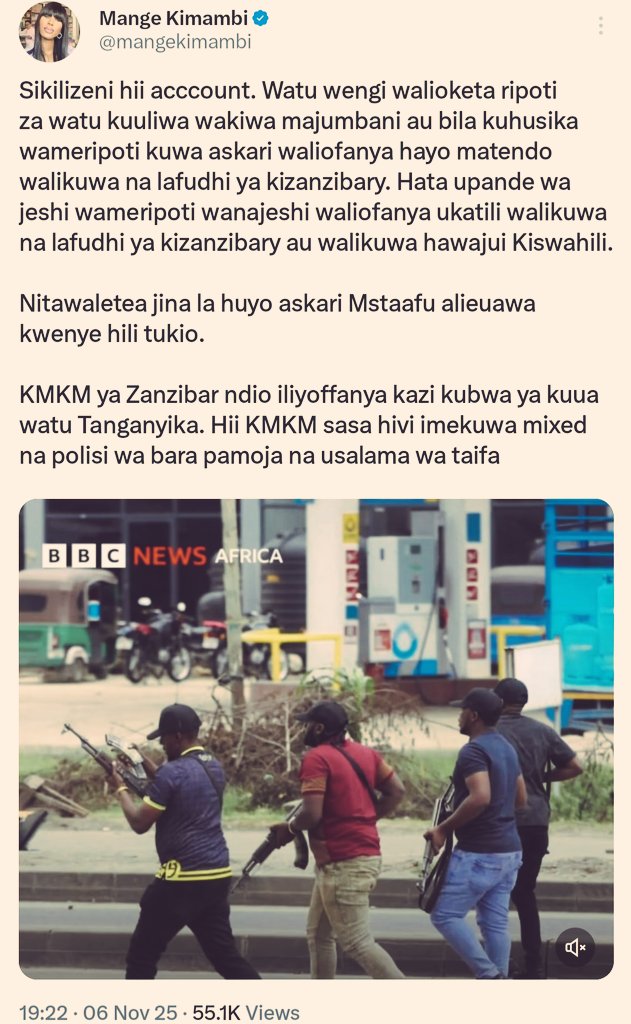 Kama ni kikosi cha KMKM kutoka Zanzibar huenda ni kisasi cha mauaji yaliyofanyika Z'bar mwaka 2001. Mwaka 2025,Oktoba wameona waje Tanganyika kulipiza KISASI. 

#UCHAFUZI2025 
#SAMIAISNOTMYPRESIDENT
