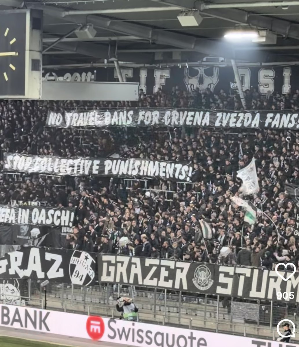 samstreetwrites's tweet photo. Class from Sturm Graz fans who have protested against UEFA banning Crvena zvezda supporters being banned from their Europa League game in Austria in next month.

#fkcz https://t.co/Ru0kPBWcUo