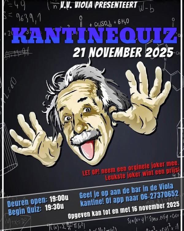 Test je kennis bij Viola! 🧠
Vrijdagavond 21 november is het weer zover: de Kantinequiz 2025! 🥳
Tijd om je team (+/- 4 pers.) bijeen te roepen en te laten zien dat jullie de meeste kennis hebben over van alles en nog wat! 🤓🏆
Schrijf je vanaf donderdagavond 30 oktober in.