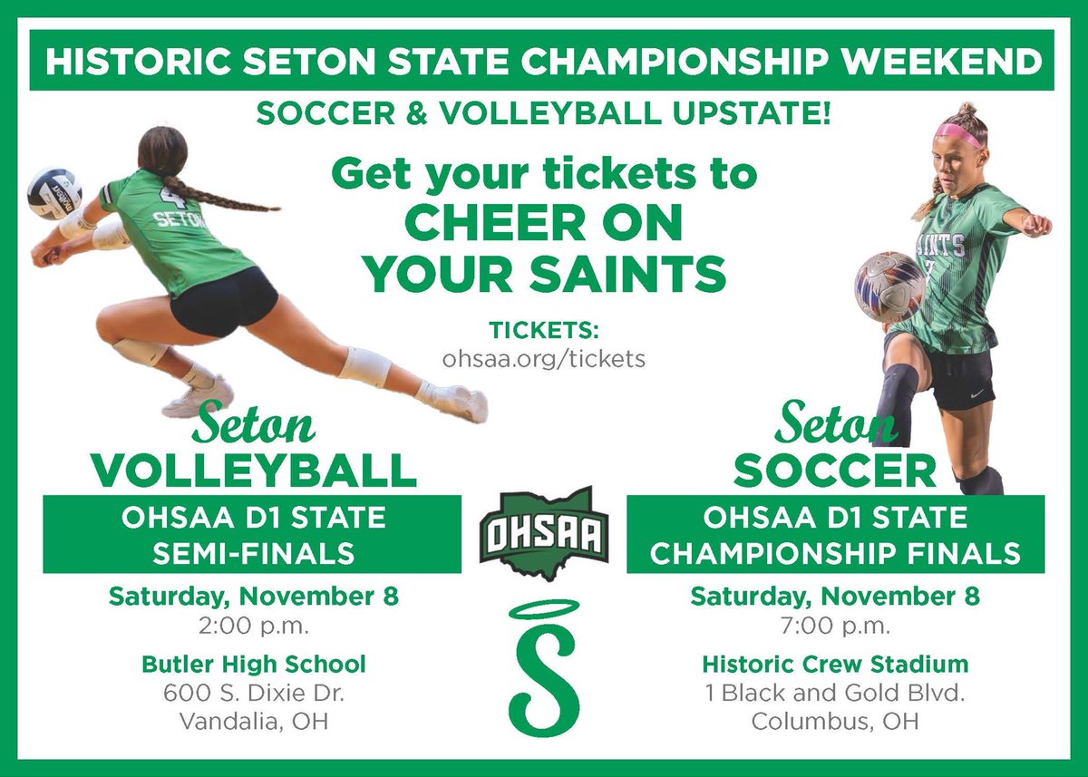 setonhsports's tweet image. 💚🏆🏐⚽️ It’s a HISTORIC weekend for Seton athletics!! BOTH SOCCER and VOLLEYBALL are #UPSTATE!!! Seton Nation -- LET’S FILL THOSE STANDS with LOVE, CHEERING &amp;amp; SISTERHOOD!!! Tickets are available at ohsaa.org/tickets 
Let’s GOOOOO, SETON SAINTS!!! 💚🙌🏼💪🏼🏆