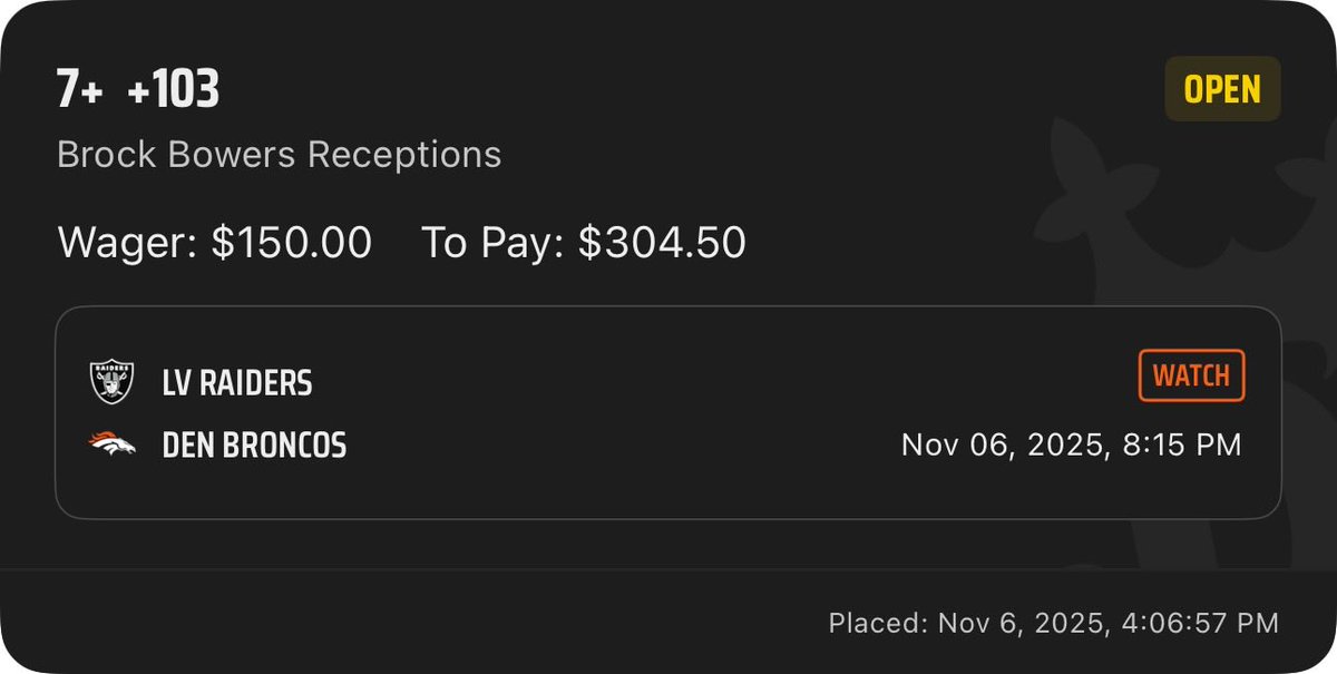 Loving this #TNF straight play 🏈

- Denver just allowed Dalton Schultz to go for ~80 yards last wk 👀

- Averaging 6.2 receptions per game this year WITH Jakobi Meyers (he’s now in JAX in case you live under a rock)

- Had 12 recs last game &amp; 8 recs @ Denver last year 👀