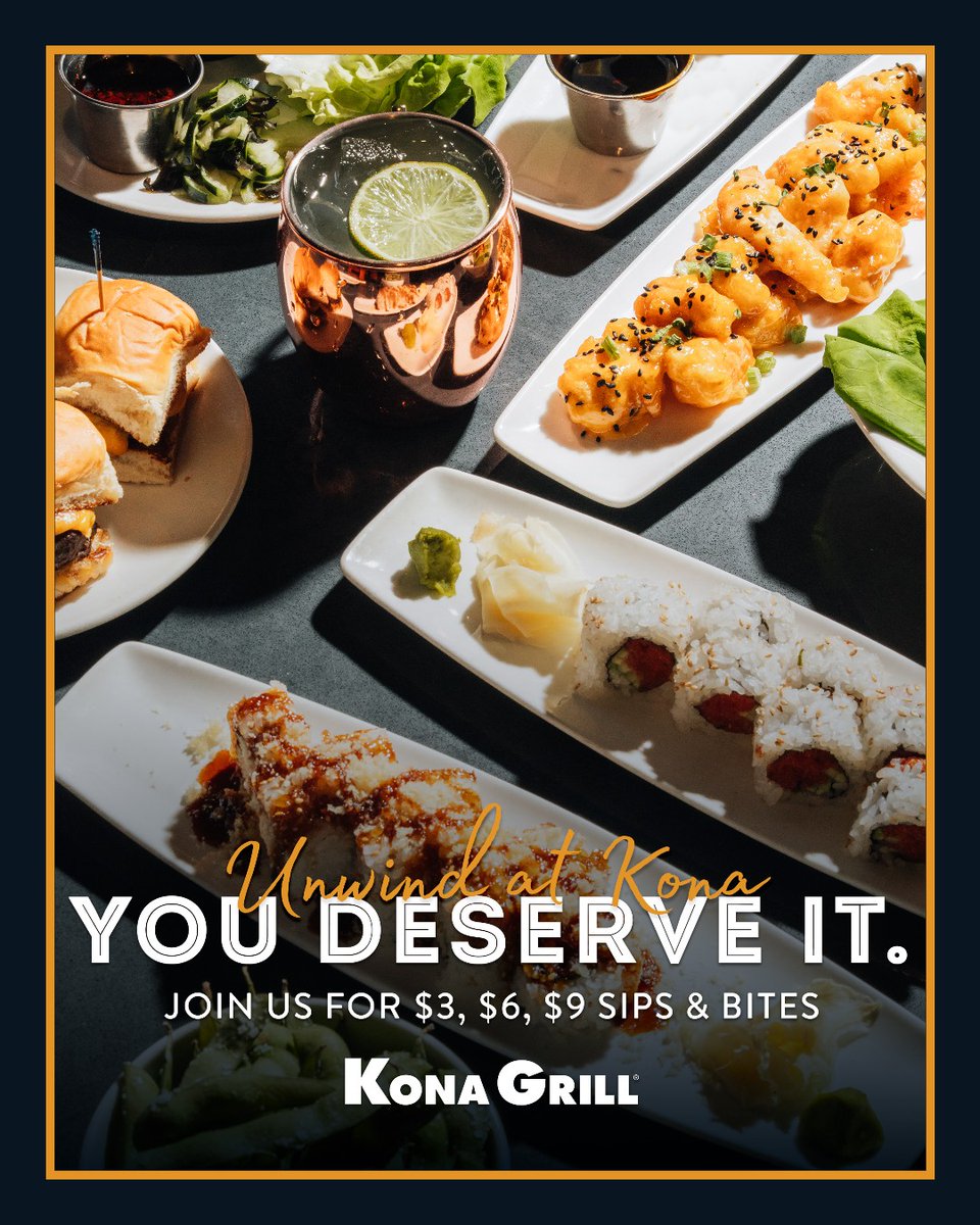 Happiness tastes like $3, $6, $9. 🍣🍹 Come hang at Kona Happy Hour! Reserve your table today. 

Monday: ALL DAY | Tuesday – Friday: 2pm – 6pm | EVERY NIGHT: 9pm – Close
