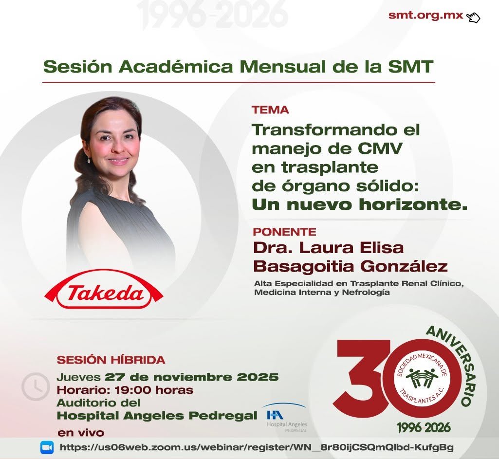NephroCyn's tweet photo. Próxima Sesión Académica Mensual de la Sociedad Mexicana de Trasplantes!!
Presencial y Virtual
EVENTO GRATUITO
🔗 Regístrate aquí: 👉https://t.co/NKQFkgzBpl

#SomosSMT #TrasplantesMéxico #DonaciónDeÓrganos #EducaciónMédica https://t.co/ojWE6fvGOk