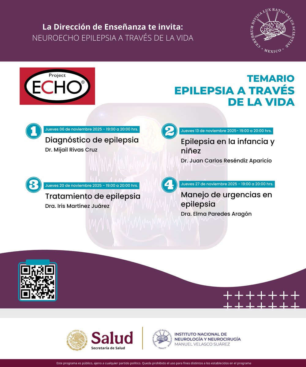 🚨#EducaciónContinua ¡Hoy inicia el Curso Virtual "NeuroECHO: Epilepsia a través de la vida"!. 🧠

🔍📘📚📖 Revisa el poster a detalle y regístrate en el QR o en e link: iecho.org/welcome?redire…

🟢Modalidad Virtual y gratuita.