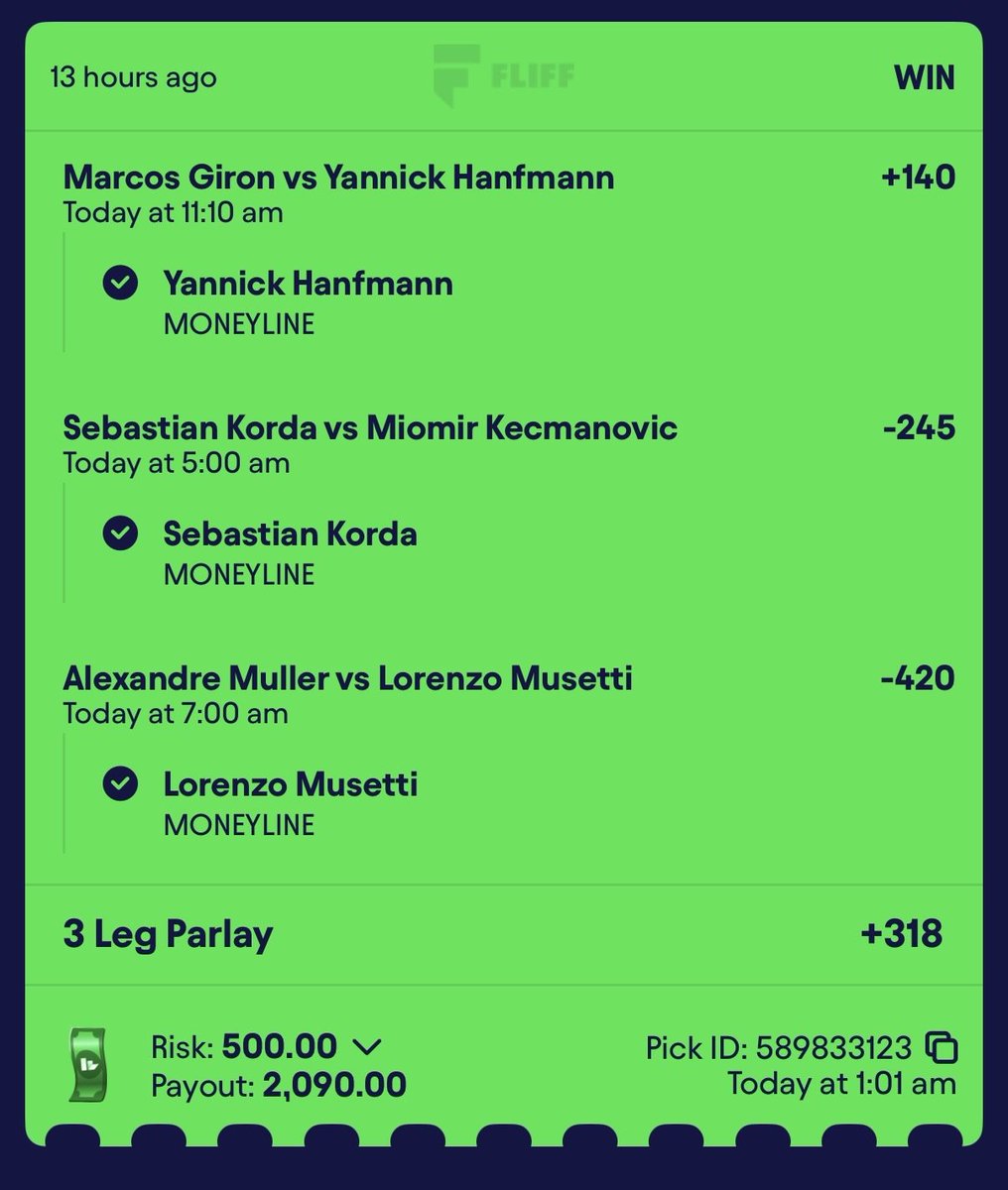 IceCapBets's tweet photo. Missing out on these parlay bombs if you aint in the cord. +318 TENNIS WAKE N CASH 🎾💸💸
$500 ➡️ $2090

Another Winner by SWIM!
Posted last night!!!! 

JOIN FOR FREE: https://t.co/XU3el3NA3q

Yannick Hanfmann ✅
Sebastian Korda✅
Lorenzo Musetti✅ https://t.co/OGiwnnqkko
