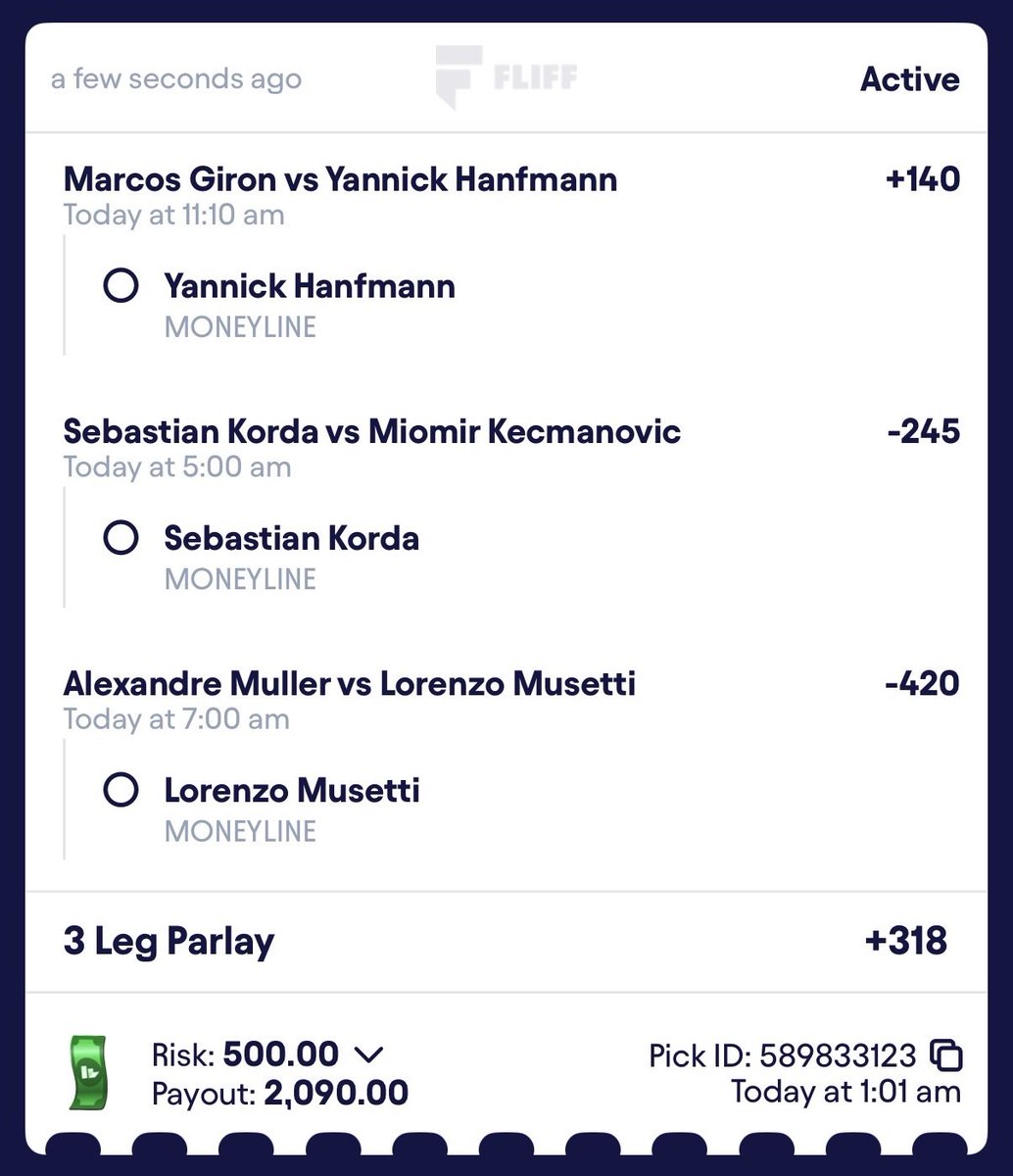 IceCapBets's tweet photo. Missing out on these parlay bombs if you aint in the cord. +318 TENNIS WAKE N CASH 🎾💸💸
$500 ➡️ $2090

Another Winner by SWIM!
Posted last night!!!! 

JOIN FOR FREE: https://t.co/XU3el3NA3q

Yannick Hanfmann ✅
Sebastian Korda✅
Lorenzo Musetti✅ https://t.co/OGiwnnqkko