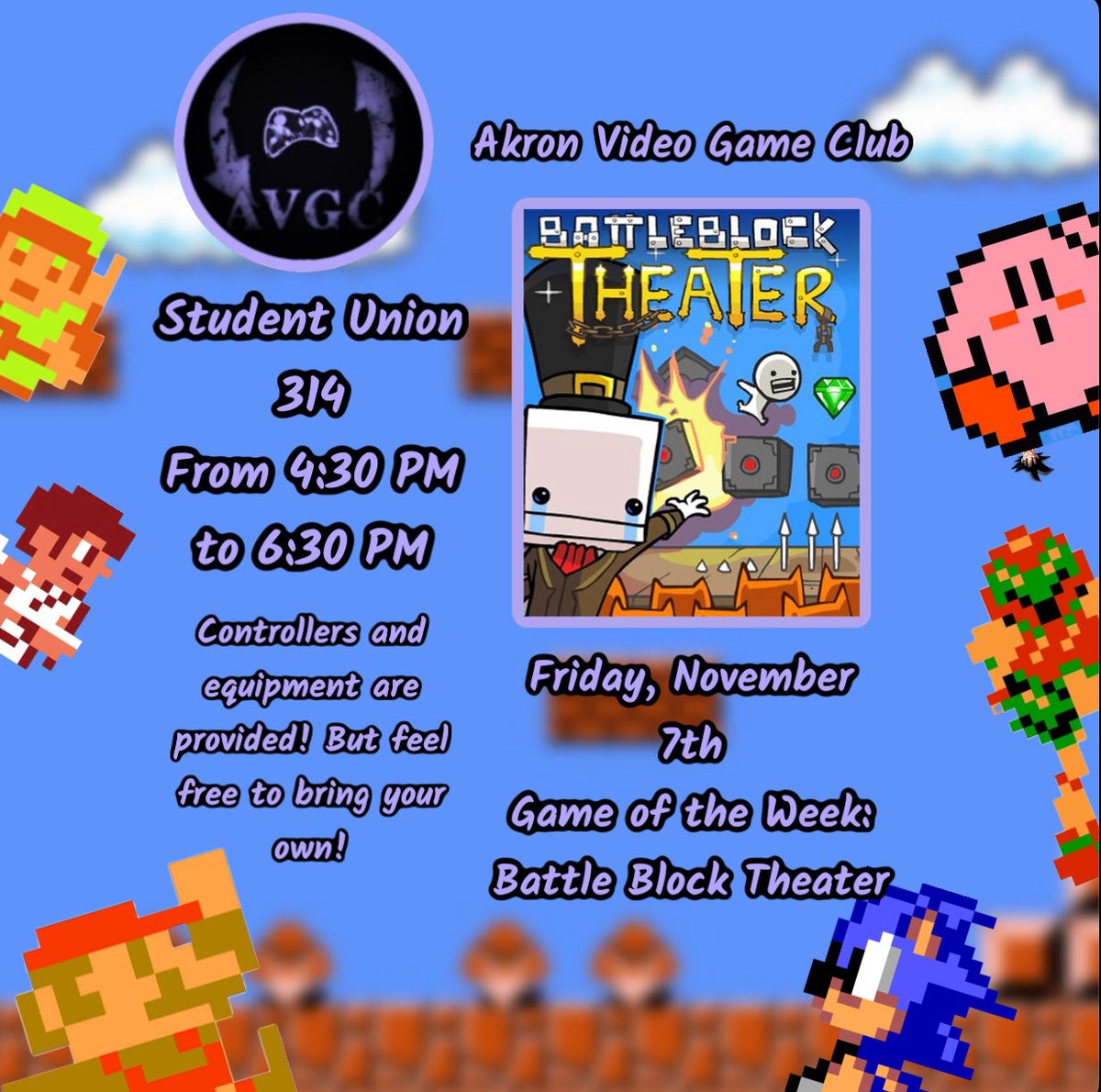 AkronClub's tweet photo. Join us this Friday in student union room 314 to play Battle Block theater! https://t.co/0iAeu4G9H7