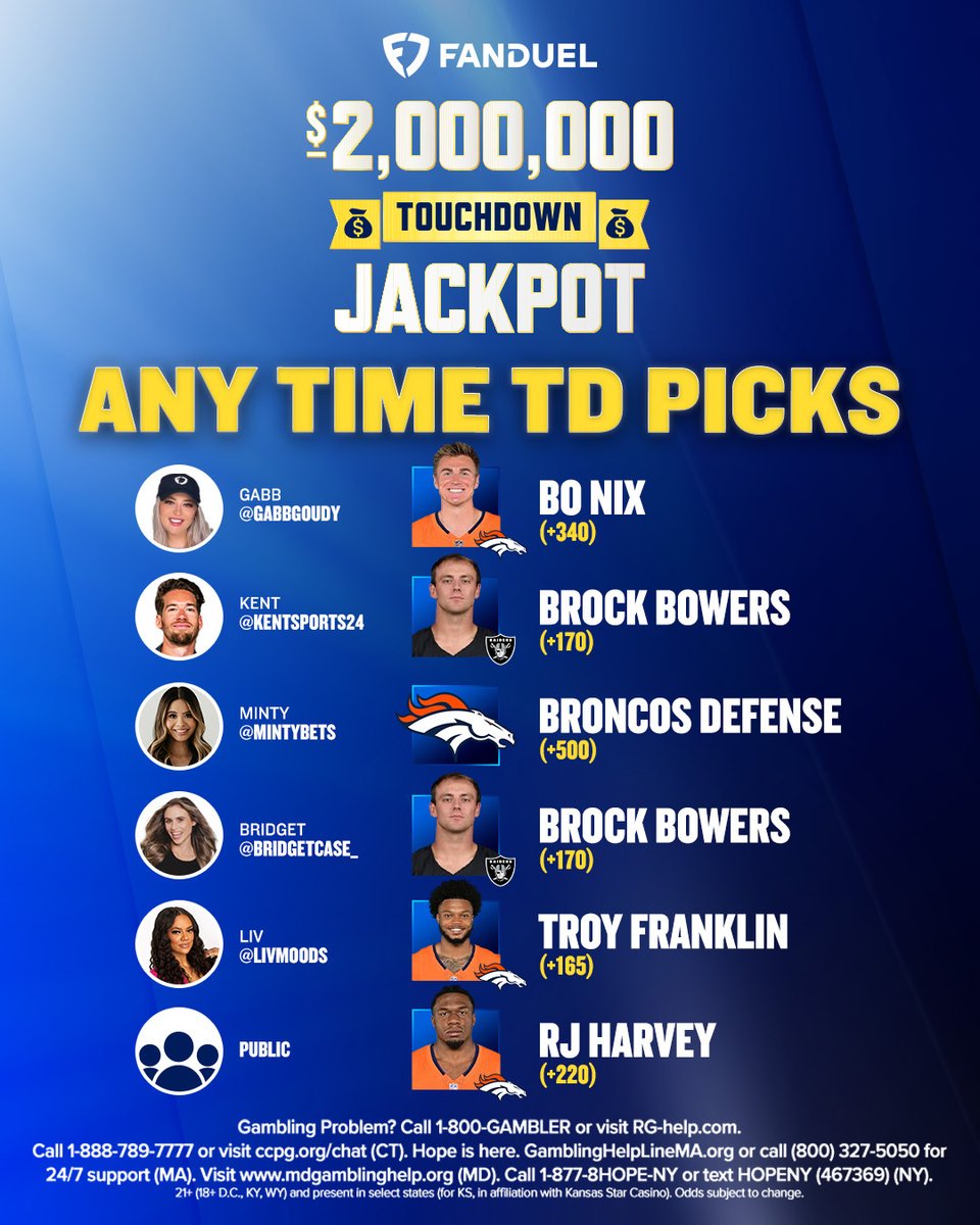 THE $2 MILLION TD JACKPOT PICKS ARE IN 🏈

You tailing or fading? 🤔