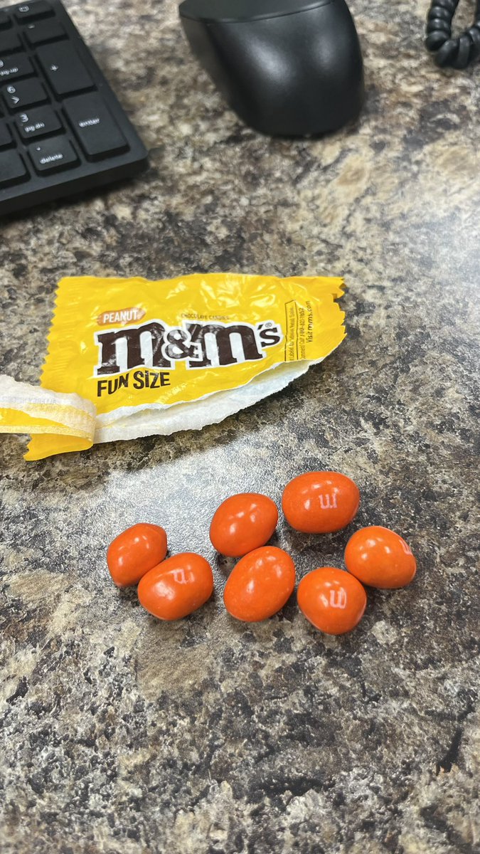 Have been very good about not getting in the candy bucket at work. Yesterday was not one of those days, grabbed me some peanut M&amp;M’s and this is what I got. Good thing my favorite color is orange !  Think I will buy a lottery ticket
