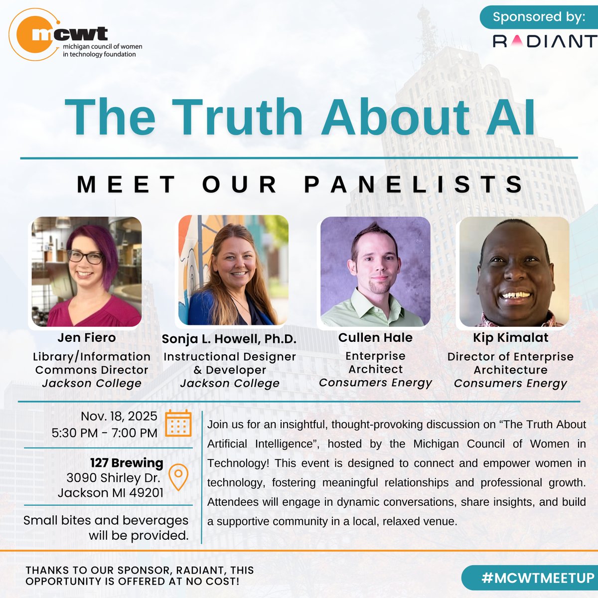MCWT's tweet image. ⁉️ Is artificial intelligence really what it seems?⁉️

Join us for a MCWT Jackson Meet-Up: The Truth About AI 

🗓 Tuesday, November 18, 2025
🕠 5:30–7:00 PM
📍 127 Brewing, 3090 Shirley Dr, Jackson, MI 49201

Register here: mcwt.app.neoncrm.com/event.jsp?even…
